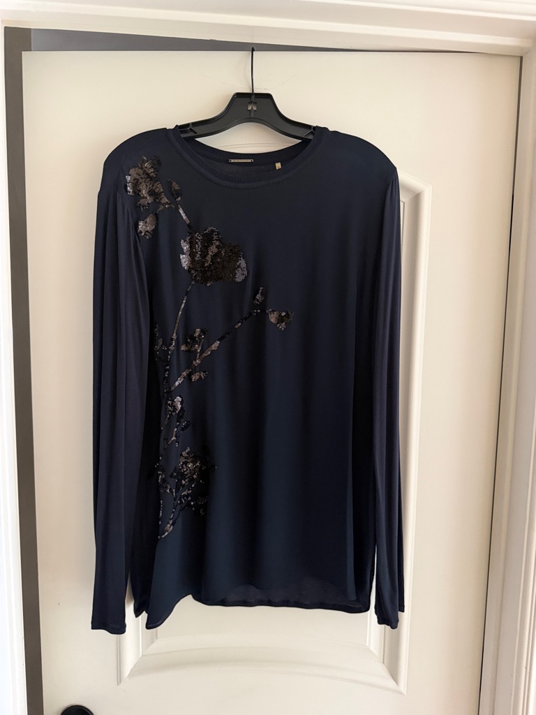 Elie Tahari Navy Long Sleeve Silk Top With Beaded Floral Accents